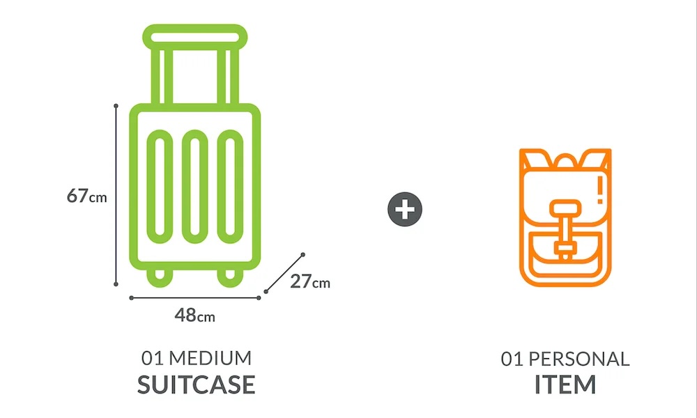 Diagram van bagageafmetingen voor koffer- en persoonlijke item-toeslag. De koffer is 48 x 27 cm en het persoonlijke item is een kleine rugzak, zonder opgegeven afmetingen.